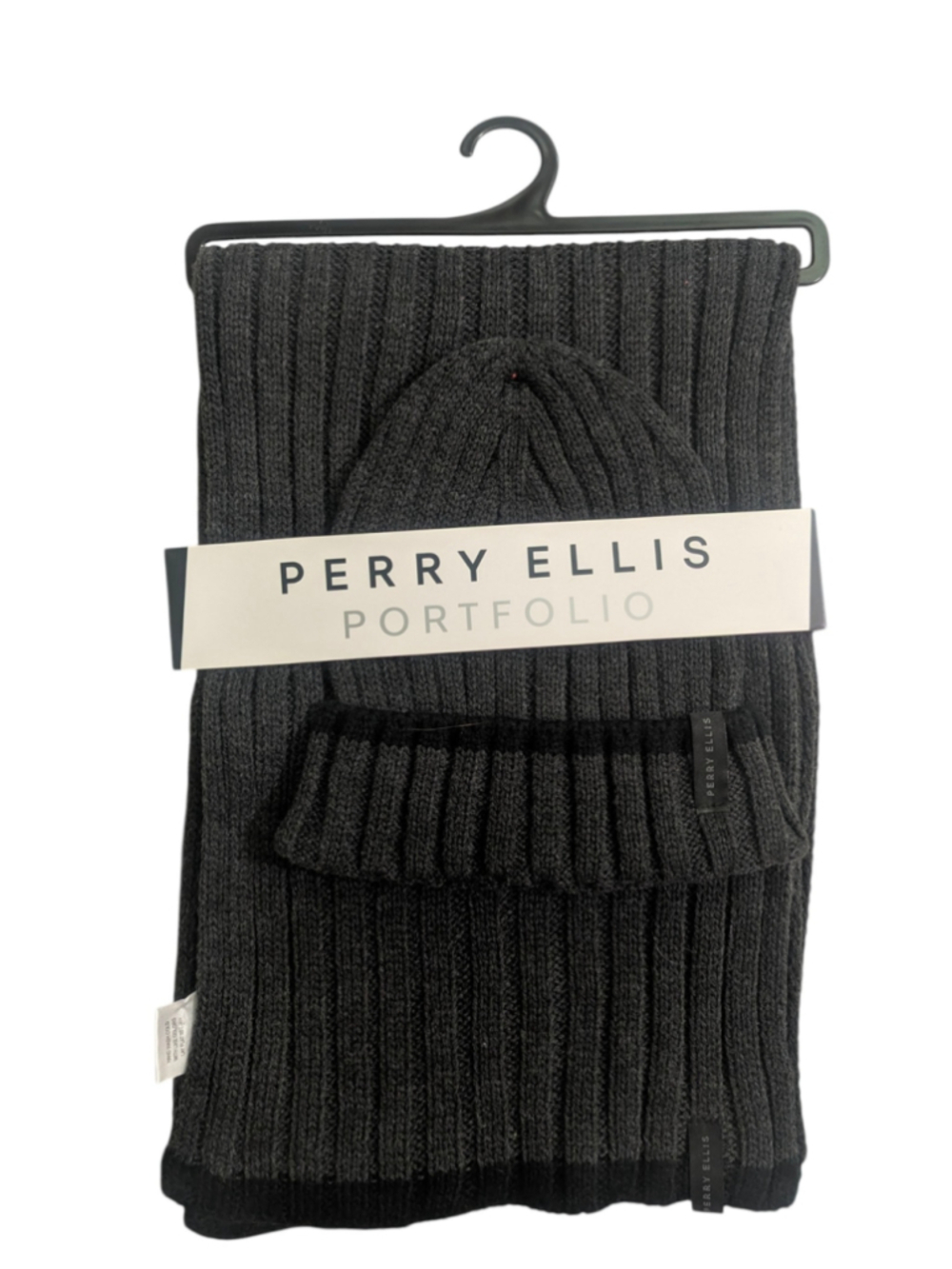 Perry Ellis Charcoal Ribbed Beanie Scarf Set NWT